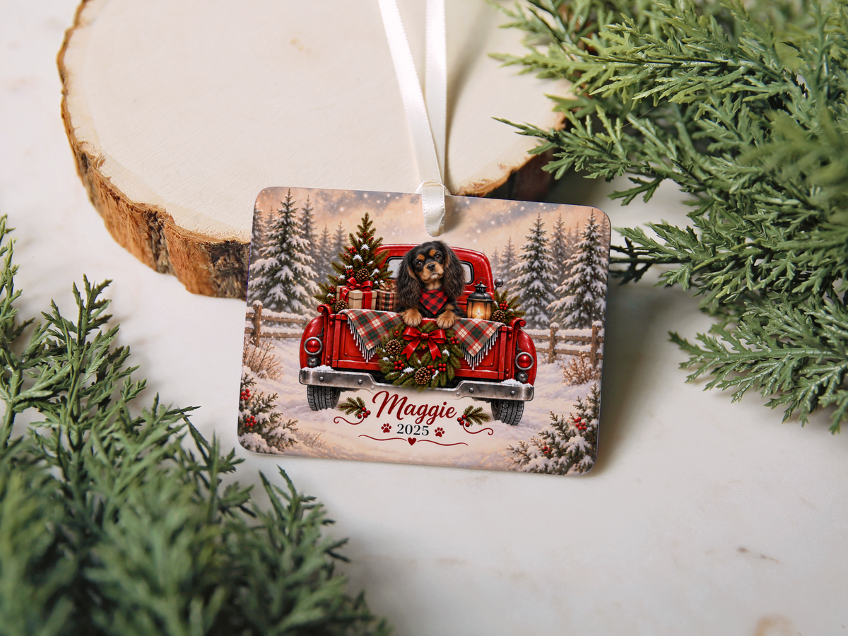 Personalized Black and Tan Cavalier Red Truck Ornament
