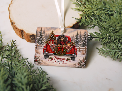 Personalized Black and Tan Cavalier Red Truck Ornament