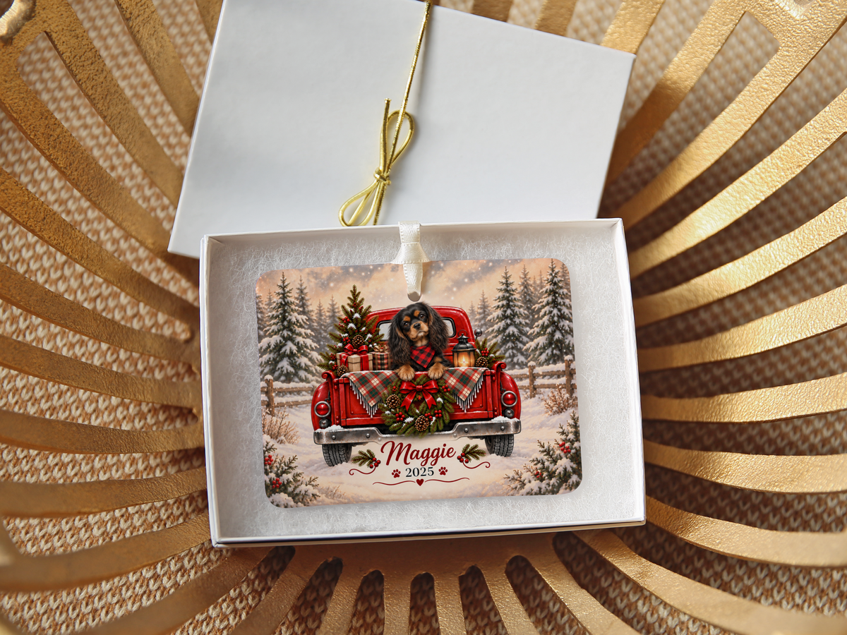 Personalized Black and Tan Cavalier Red Truck Ornament