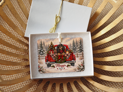 Personalized Black and Tan Cavalier Red Truck Ornament
