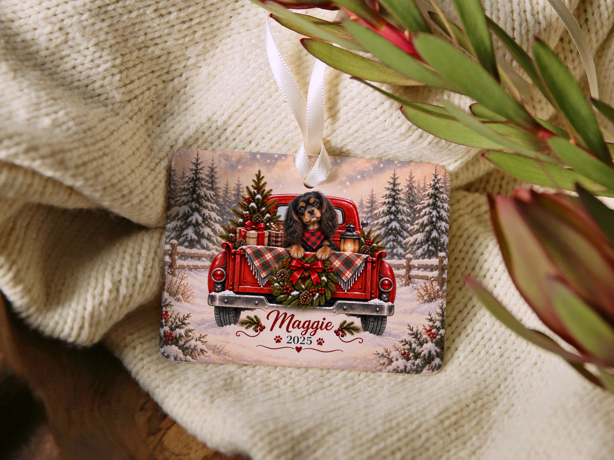 Personalized Black and Tan Cavalier Red Truck Ornament