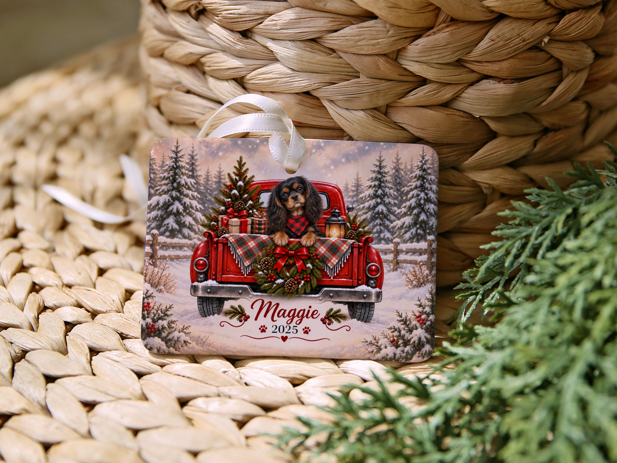 Personalized Black and Tan Cavalier Red Truck Ornament