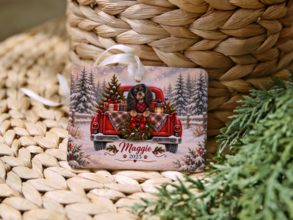Personalized Black and Tan Cavalier Red Truck Ornament