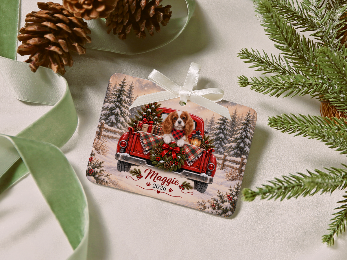 Personalized Blenheim Cavalier Red Truck Ornament