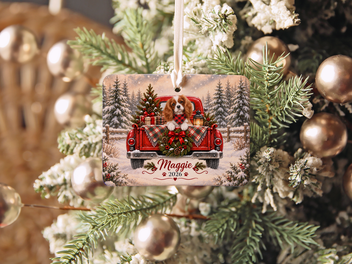 Personalized Blenheim Cavalier Red Truck Ornament