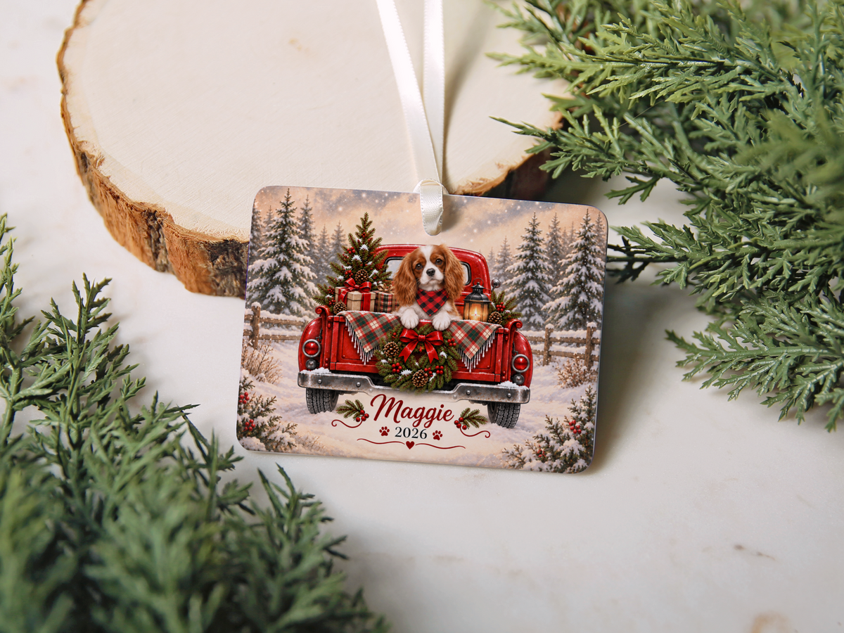 Personalized Blenheim Cavalier Red Truck Ornament
