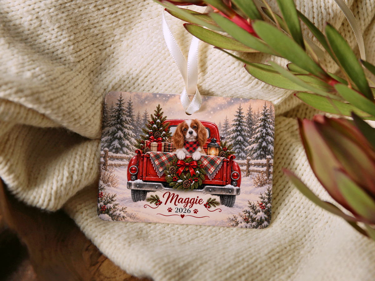 Personalized Blenheim Cavalier Red Truck Ornament