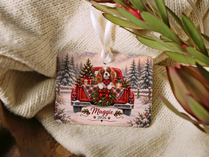 Personalized Blenheim Cavalier Red Truck Ornament