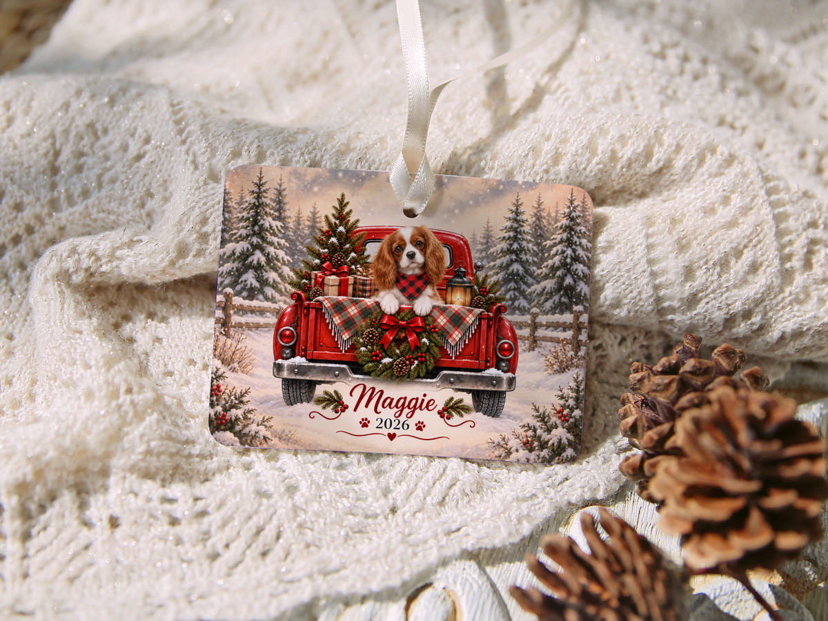 Personalized Blenheim Cavalier Red Truck Ornament