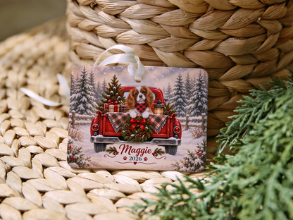 Personalized Blenheim Cavalier Red Truck Ornament