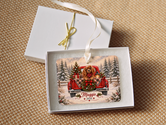Personalized Ruby Cavalier Ornament, Christmas Red Truck, Custom Name and Year