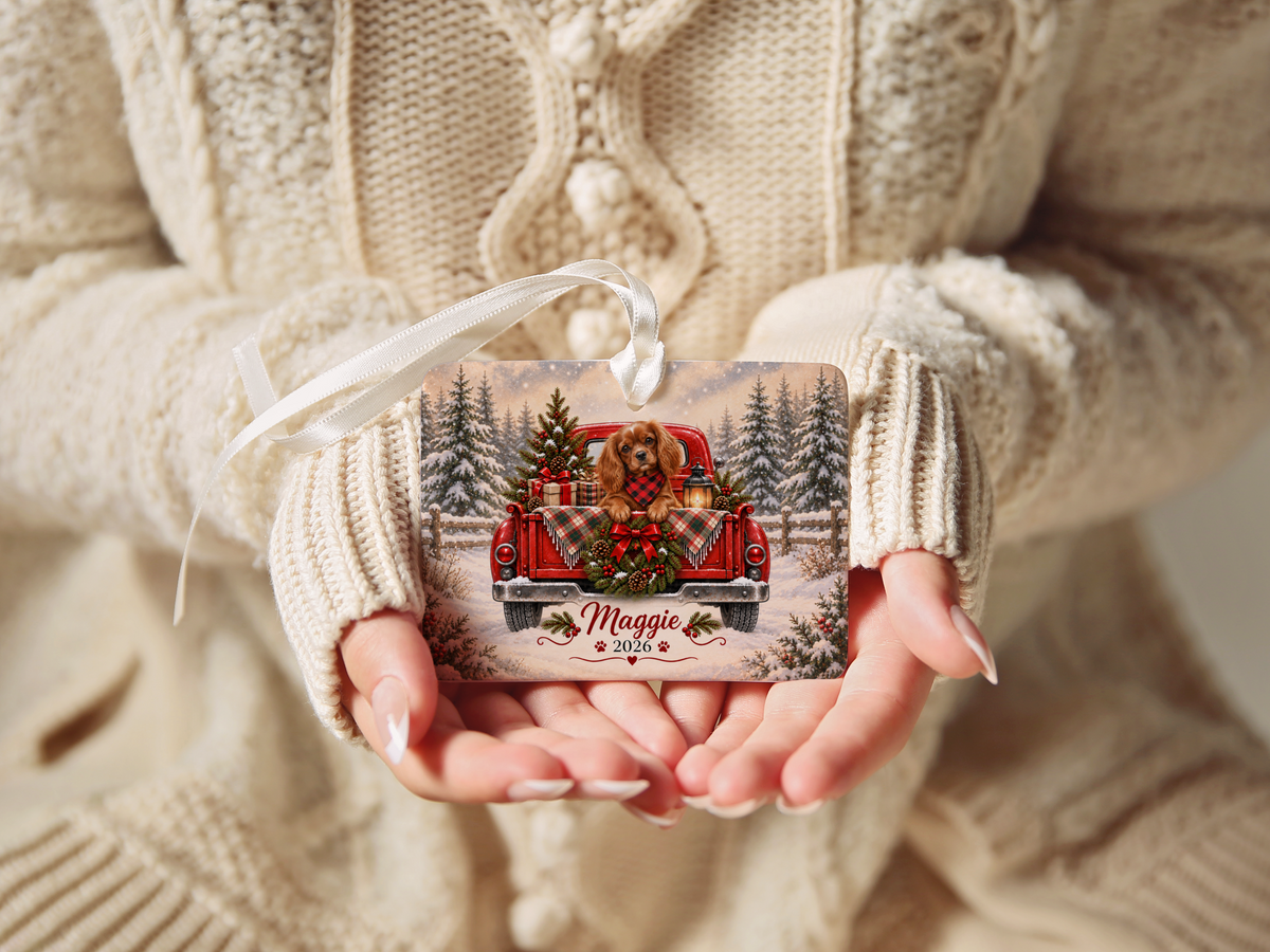 Personalized Ruby Cavalier Red Truck Ornament