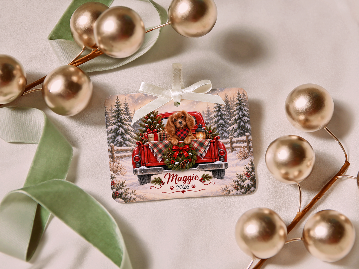 Personalized Ruby Cavalier Red Truck Ornament