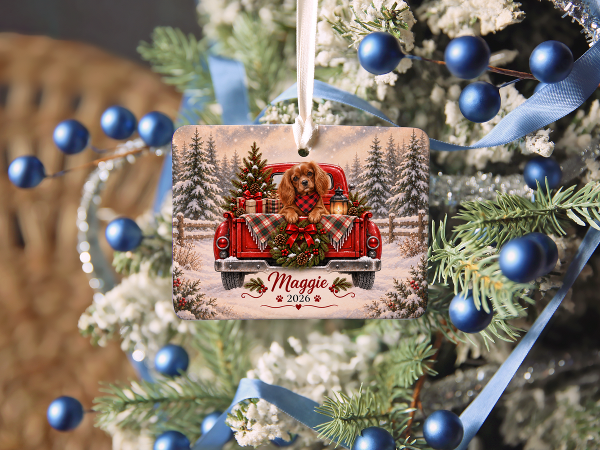 Personalized Ruby Cavalier Red Truck Ornament