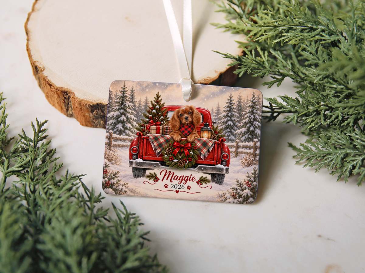 Personalized Ruby Cavalier Red Truck Ornament