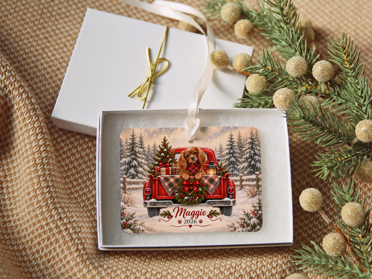 Personalized Ruby Cavalier Red Truck Ornament