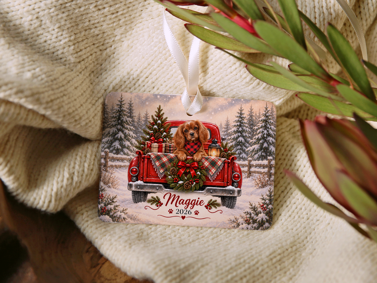 Personalized Ruby Cavalier Red Truck Ornament