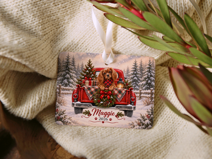 Personalized Ruby Cavalier Red Truck Ornament