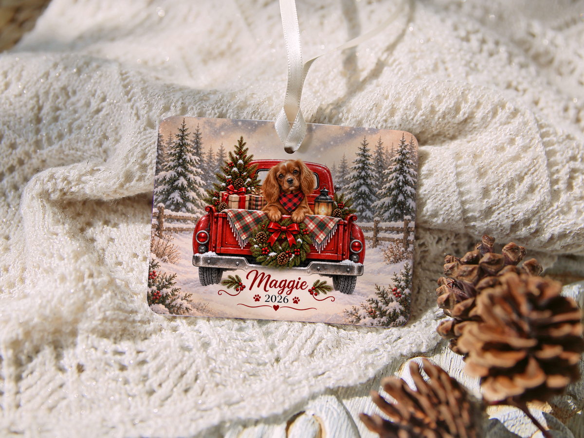 Personalized Ruby Cavalier Red Truck Ornament