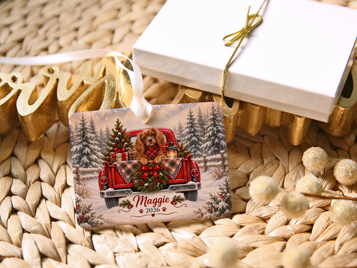 Personalized Ruby Cavalier Red Truck Ornament