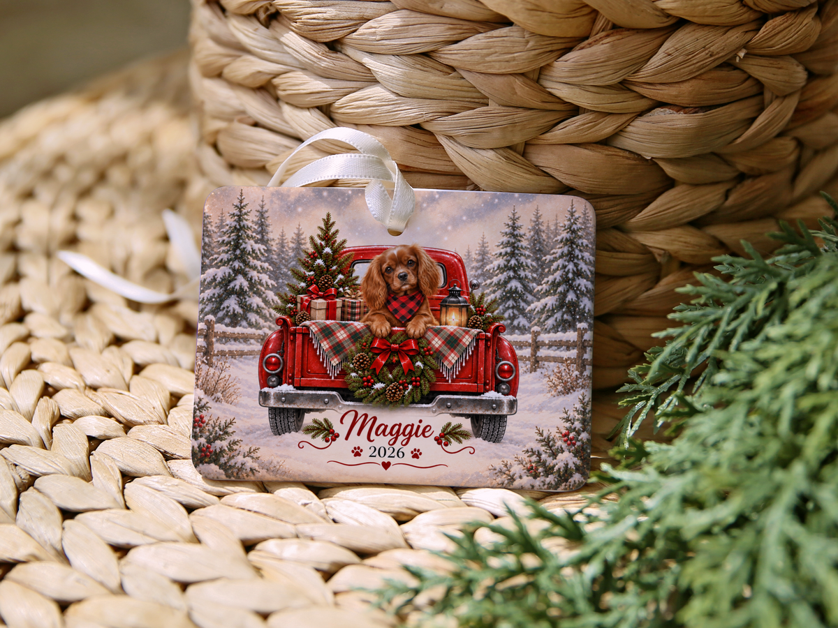 Personalized Ruby Cavalier Red Truck Ornament
