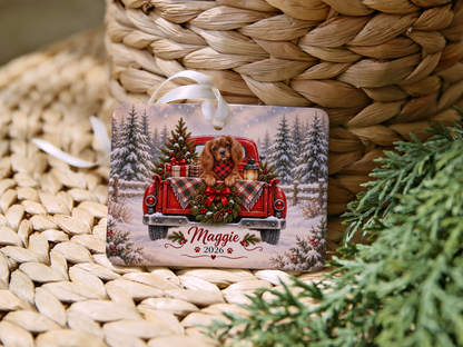 Personalized Ruby Cavalier Red Truck Ornament