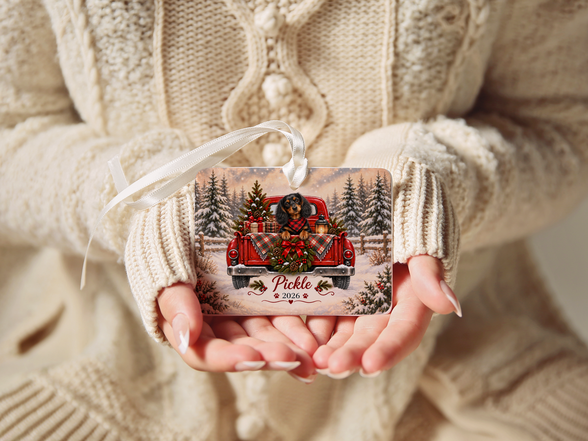 Personalized Black and Tan Dachshund Red Truck Ornament