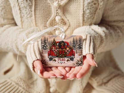 Personalized Black and Tan Dachshund Red Truck Ornament