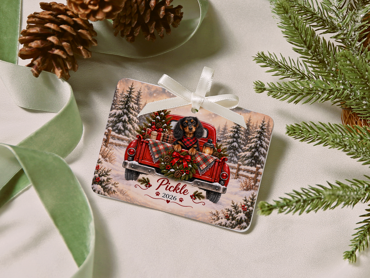 Personalized Black and Tan Dachshund Red Truck Ornament