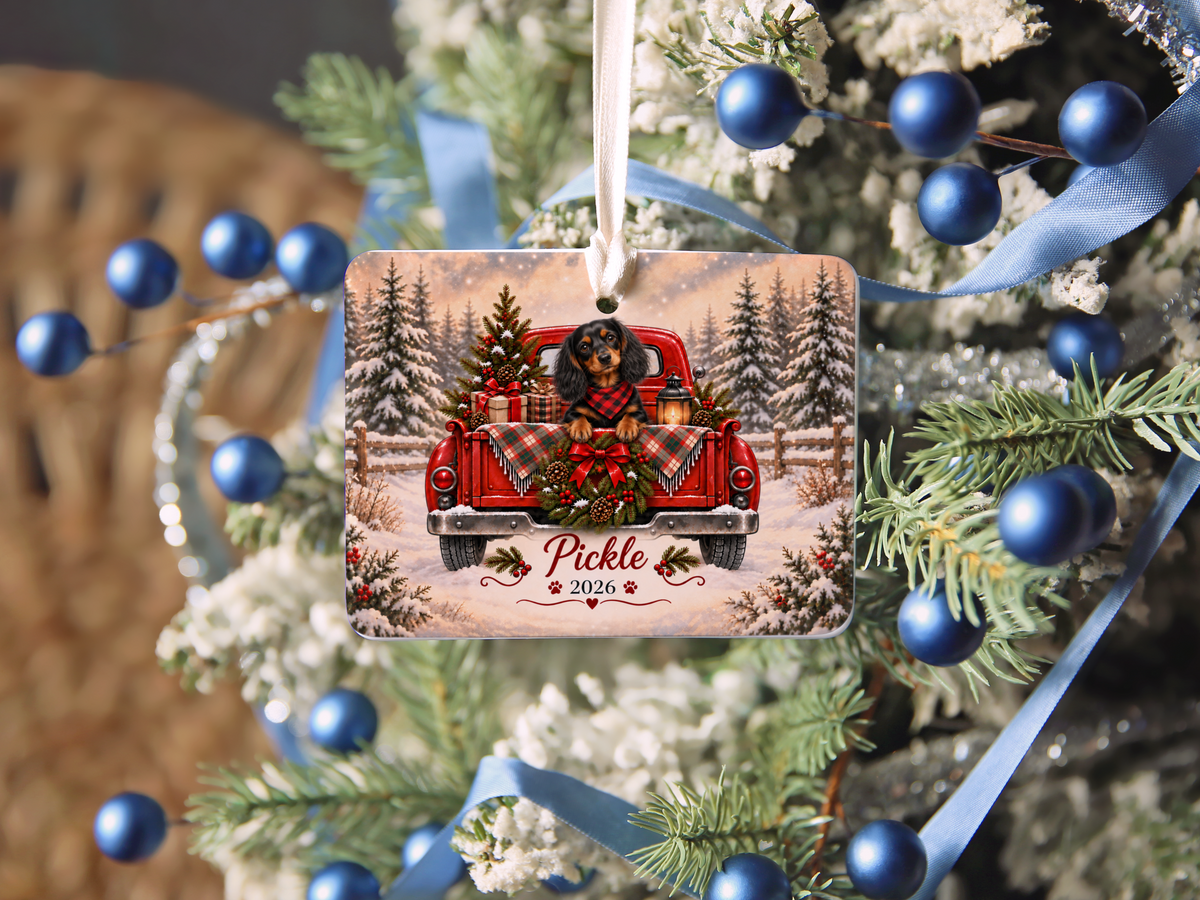 Personalized Black and Tan Dachshund Red Truck Ornament