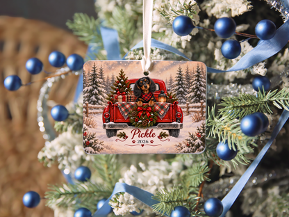 Personalized Black and Tan Dachshund Red Truck Ornament