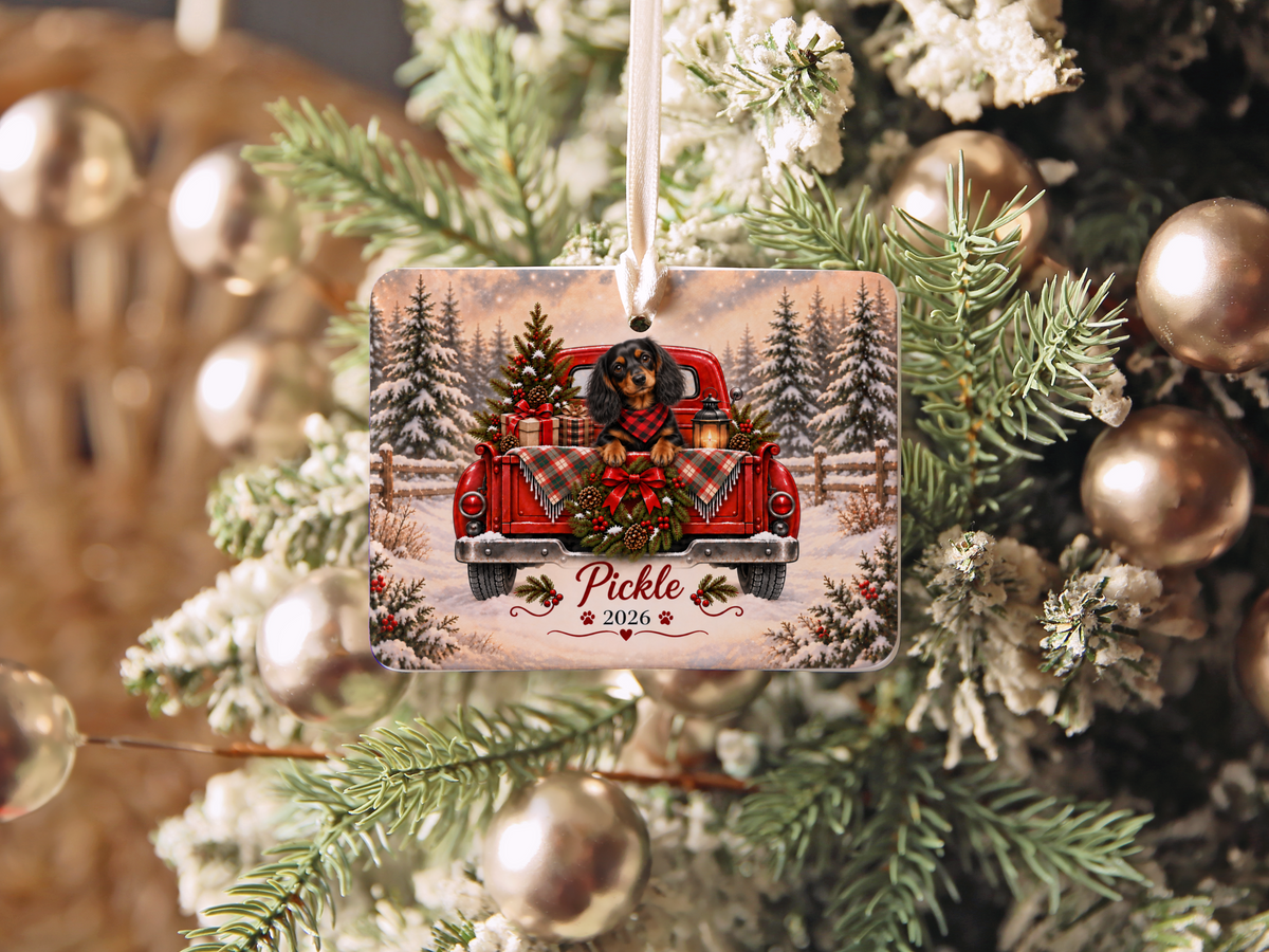 Personalized Black and Tan Dachshund Red Truck Ornament