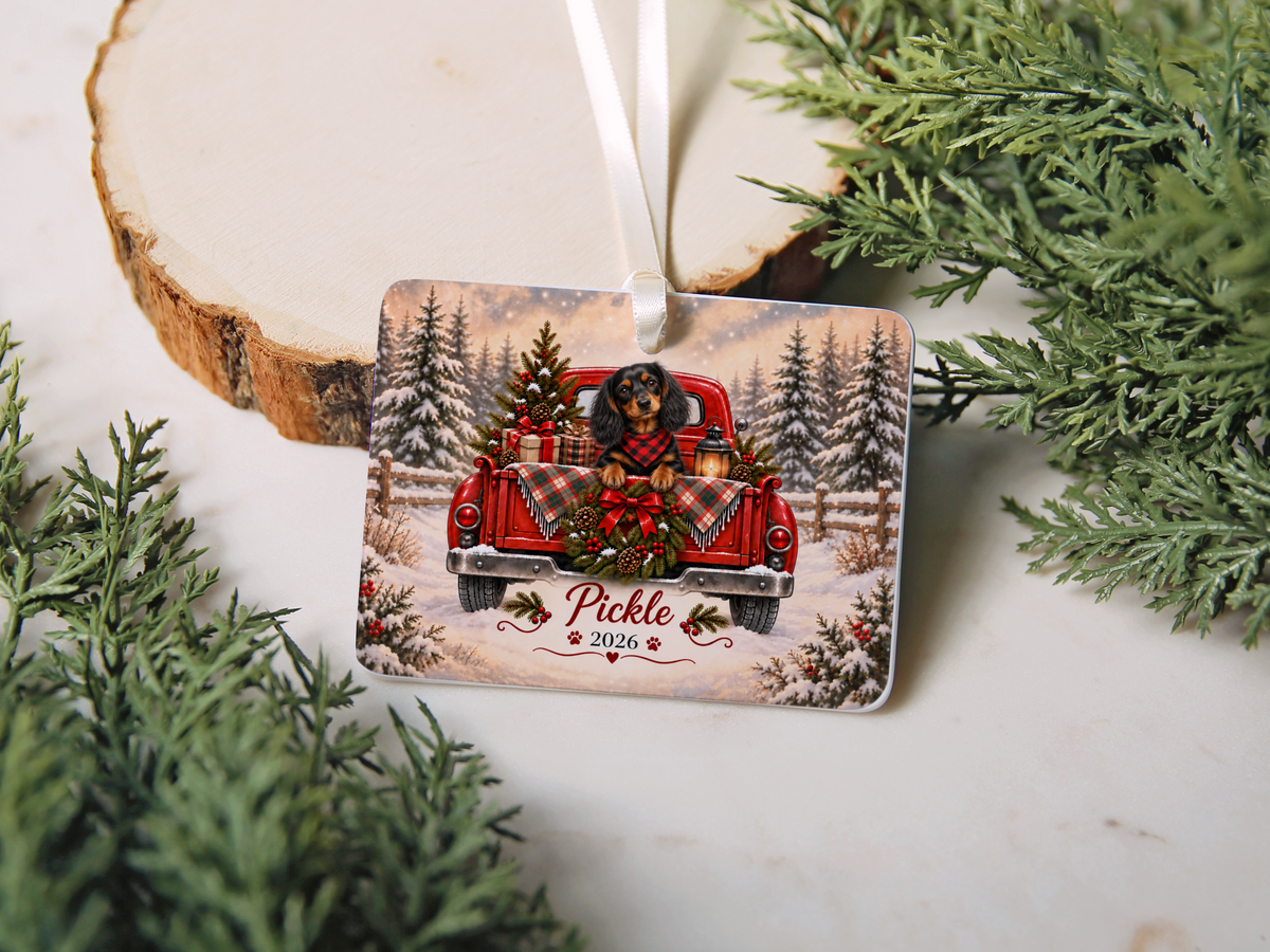 Personalized Black and Tan Dachshund Red Truck Ornament
