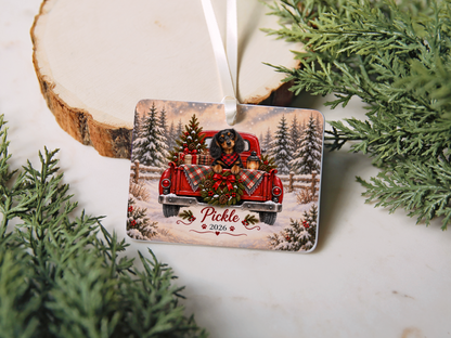 Personalized Black and Tan Dachshund Red Truck Ornament
