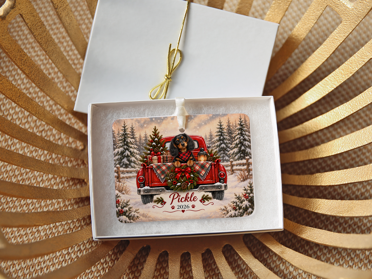 Personalized Black and Tan Dachshund Red Truck Ornament