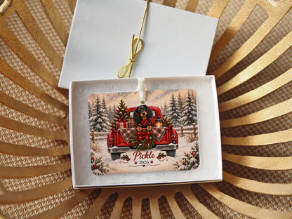 Personalized Black and Tan Dachshund Red Truck Ornament