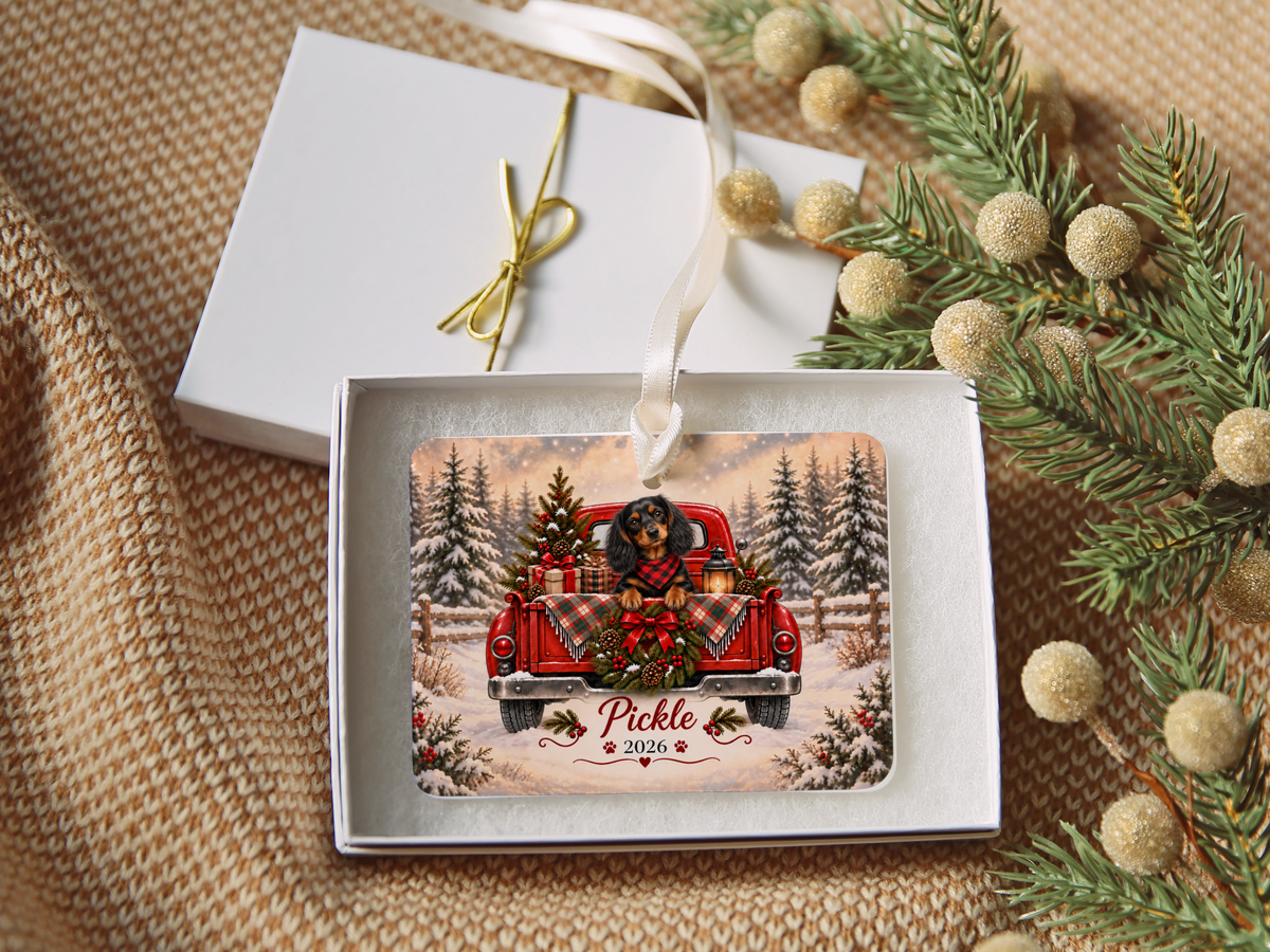 Personalized Black and Tan Dachshund Red Truck Ornament