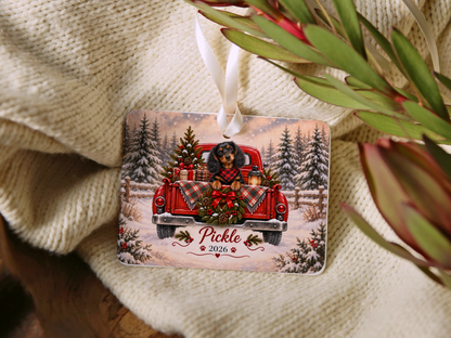 Personalized Black and Tan Dachshund Red Truck Ornament