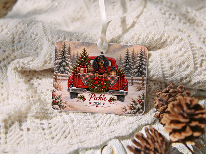 Personalized Black and Tan Dachshund Red Truck Ornament