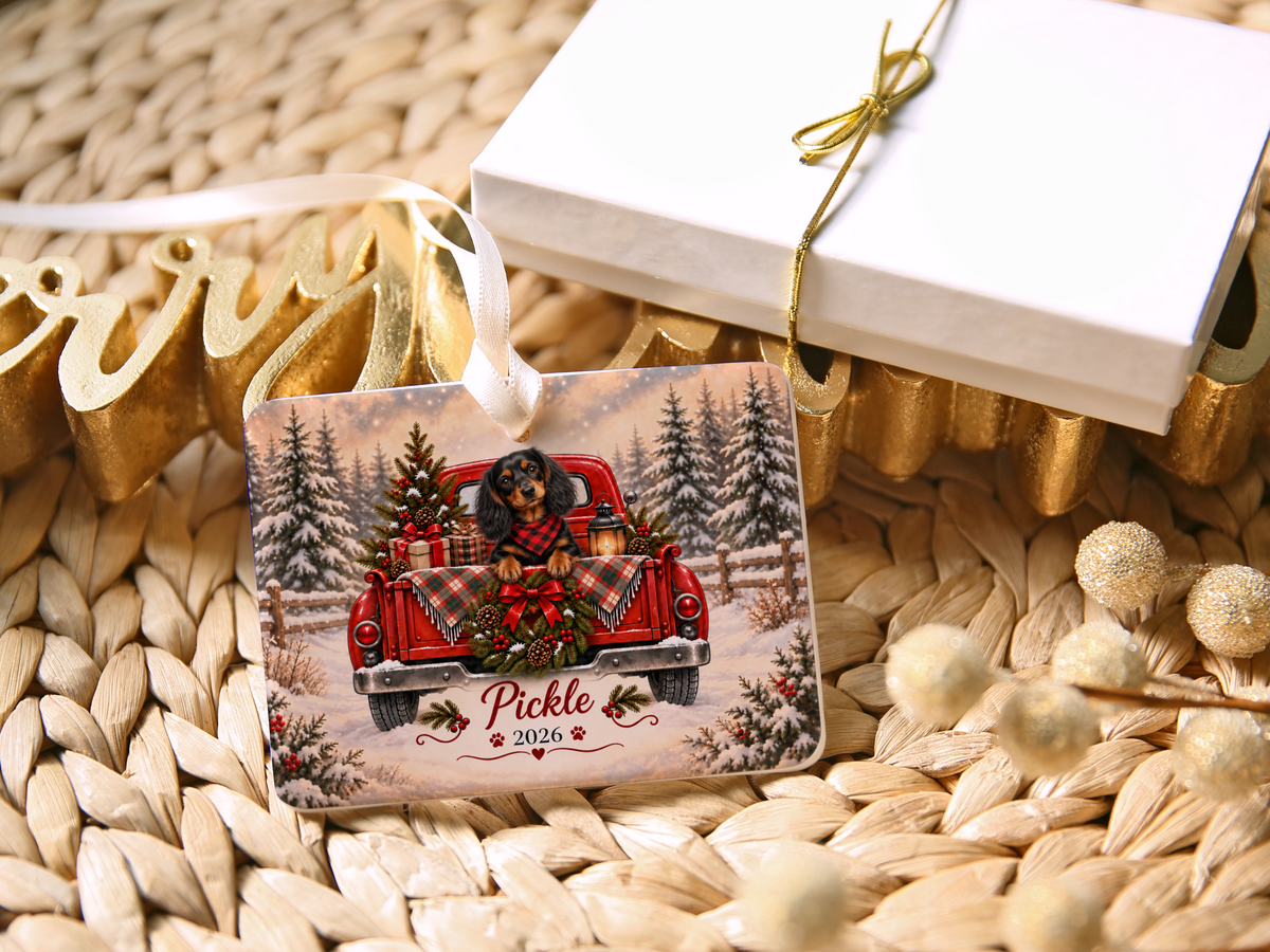 Personalized Black and Tan Dachshund Red Truck Ornament