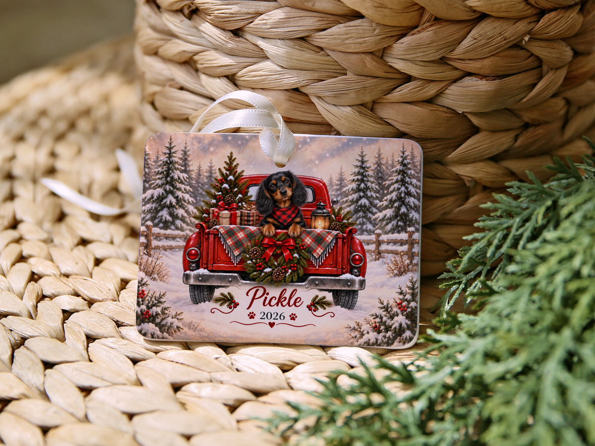 Personalized Black and Tan Dachshund Red Truck Ornament