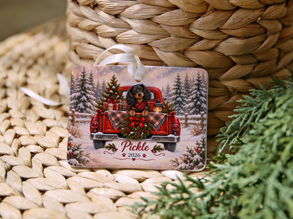 Personalized Black and Tan Dachshund Red Truck Ornament