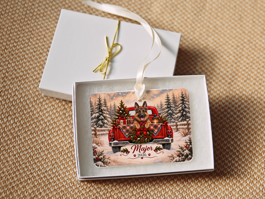 Personalized German Shepherd Ornament, Christmas Red Truck, Custom Name and Year