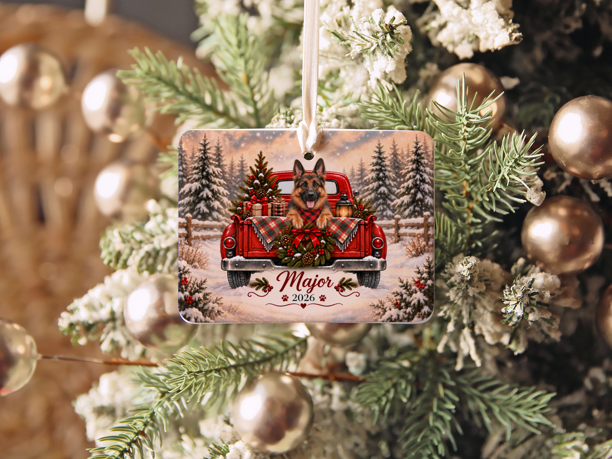 Personalized German Shepherd Red Truck Ornament