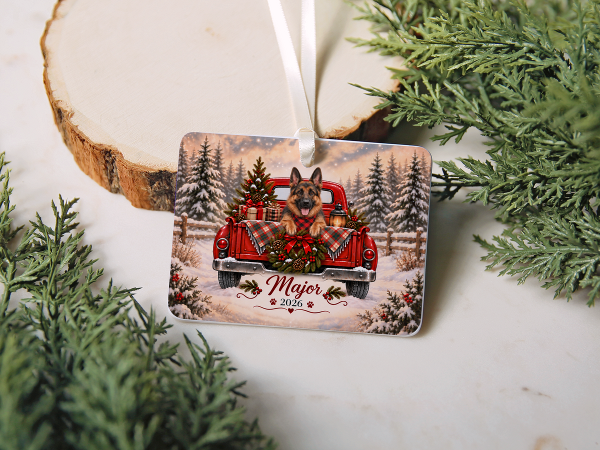Personalized German Shepherd Red Truck Ornament