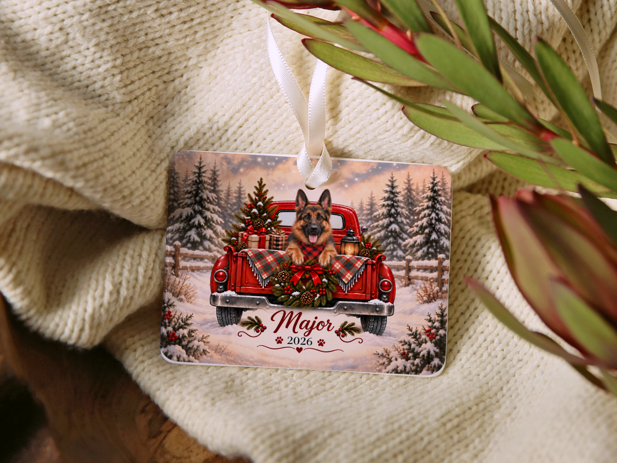 Personalized German Shepherd Red Truck Ornament