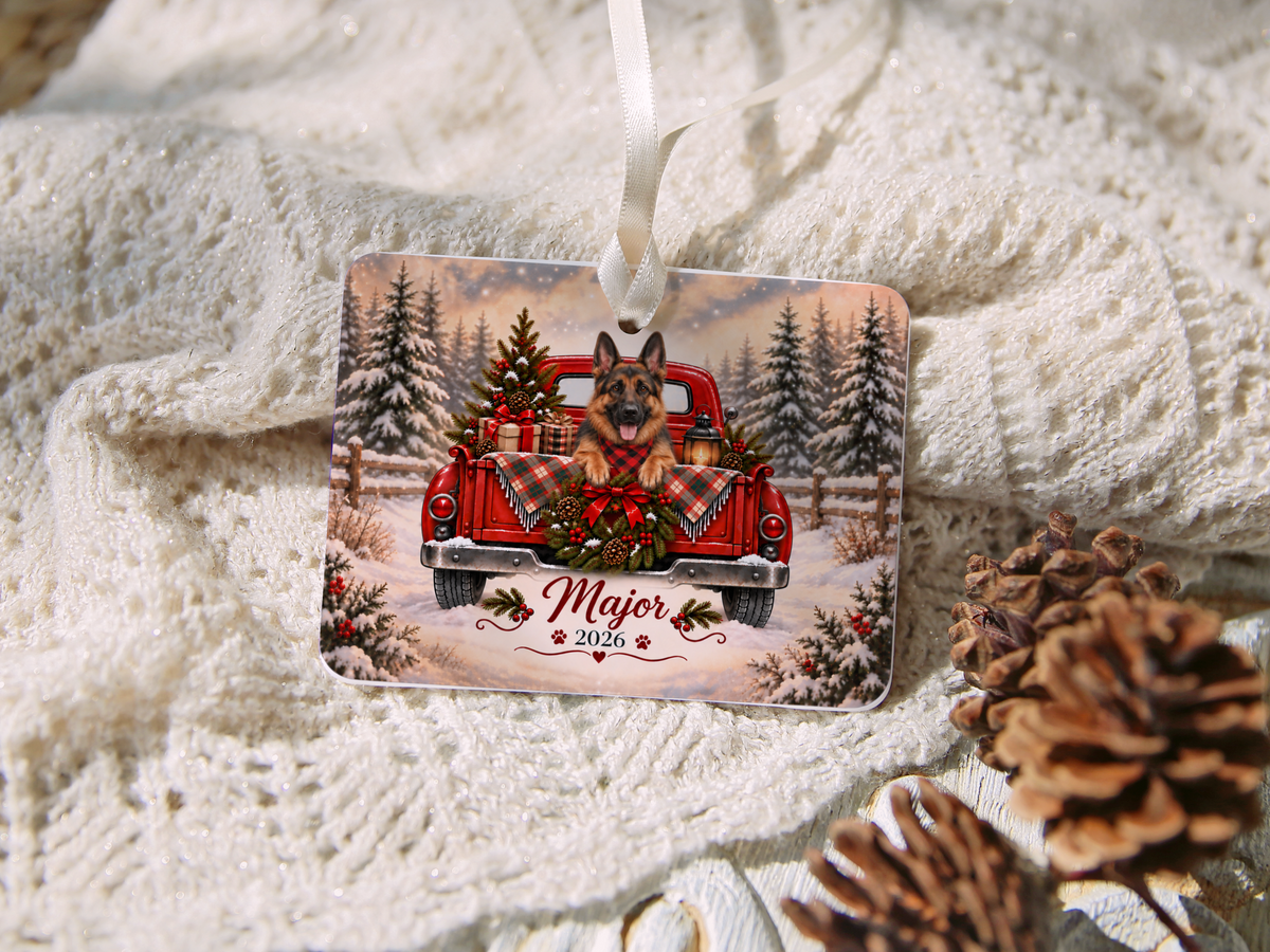 Personalized German Shepherd Red Truck Ornament