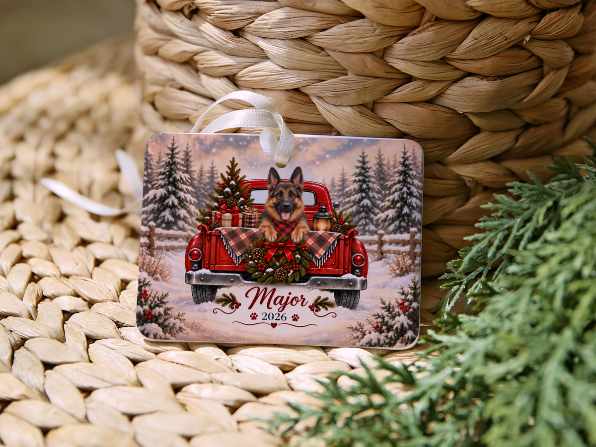 Personalized German Shepherd Red Truck Ornament