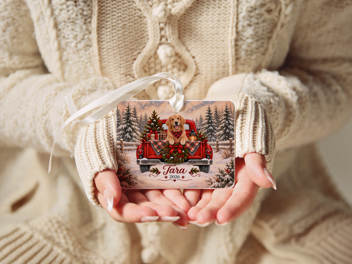 Personalized Golden Retriever Red Truck Ornament