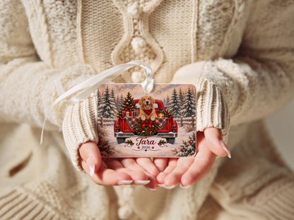 Personalized Golden Retriever Red Truck Ornament